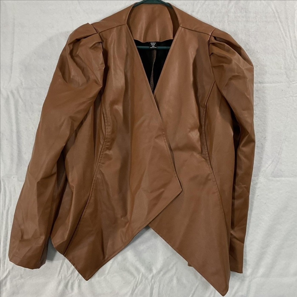 SHEIN Jacket Womens 1XL Brown Faux‎ Leather Open Front Puff Sleeve Draped Hem